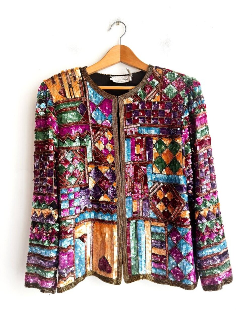 Lawrence Kazar Colourful Sequin Stained Glass Look Bedazzled SILK Jacket XL